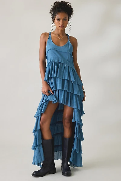 AllSaints Cavalry Crepe Twist Strap Tiered Ruffle High-Low Maxi Dress