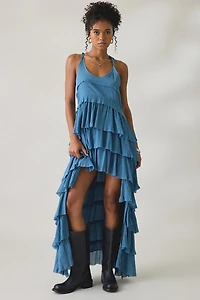 AllSaints Cavalry Crepe Twist Strap Tiered Ruffle High-Low Maxi Dress