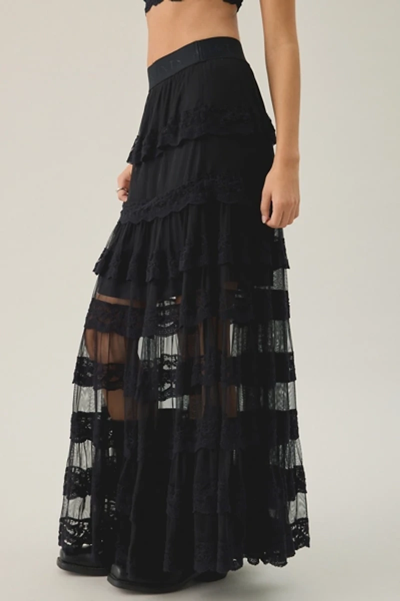 AllSaints Maggie Semi-Sheer Tiered Lace Maxi Skirt