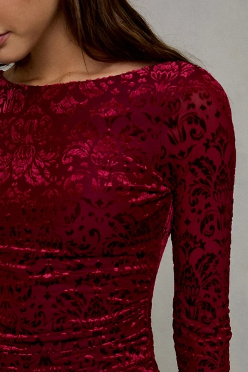 UO Natasha Flocked Floral Long Sleeve Bodycon Mini Dress