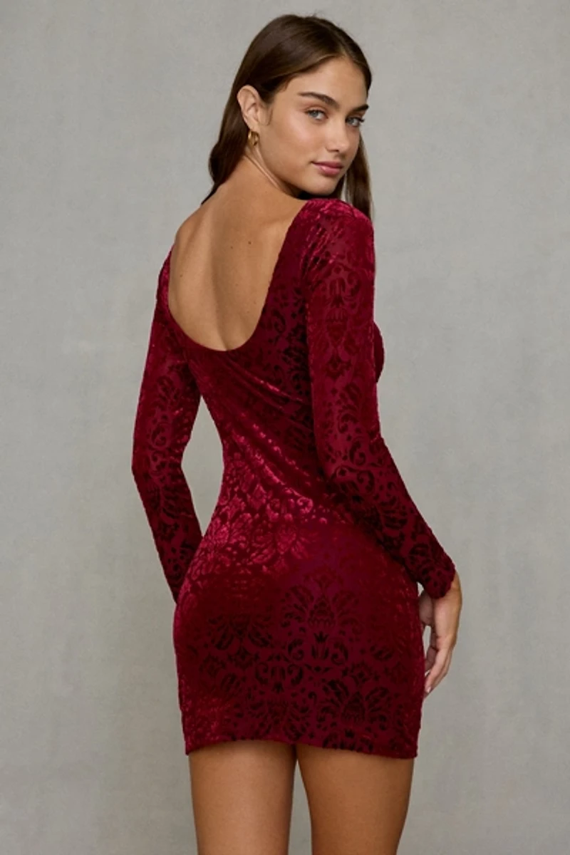 UO Natasha Flocked Floral Long Sleeve Bodycon Mini Dress