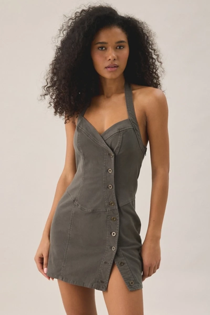 UO Marcie Asymmetric Button-Front Halter Neck Mini Dress