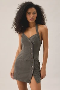 UO Marcie Asymmetric Button-Front Halter Neck Mini Dress