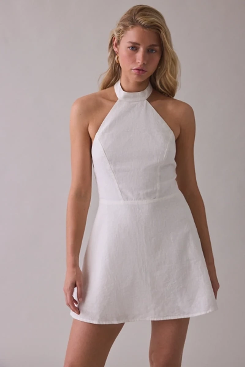UO Salt Air High Neck Halter Linen Mini Dress