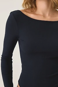 BDG Tara Tight Ribbed Low-Back Boatneck Long Sleeve Tee