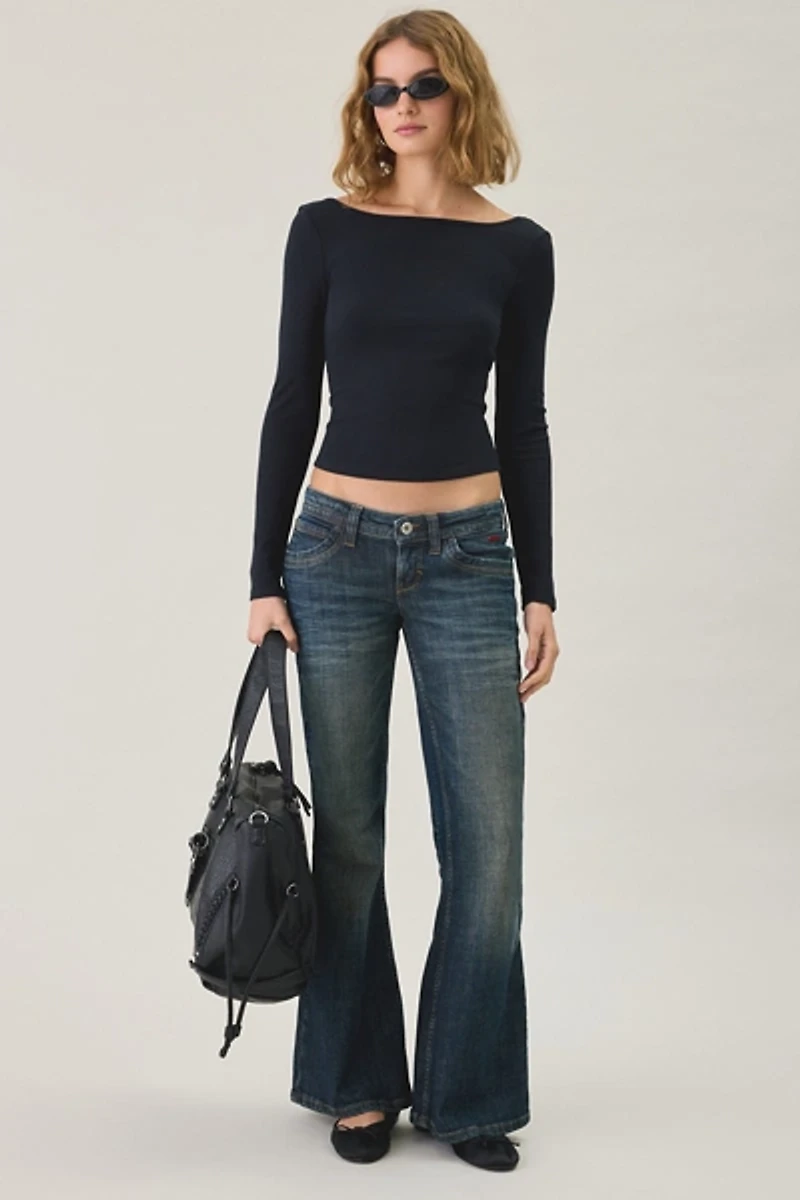 BDG Tara Tight Ribbed Low-Back Boatneck Long Sleeve Tee