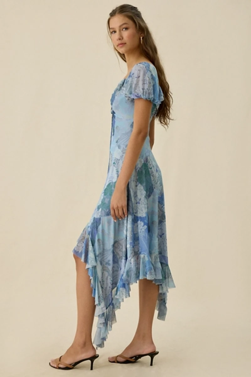 Kimchi Blue Hyacinth Watercolor Mesh Asymmetric Ruffle Midi Dress