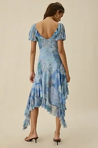 Kimchi Blue Hyacinth Watercolor Mesh Asymmetric Ruffle Midi Dress