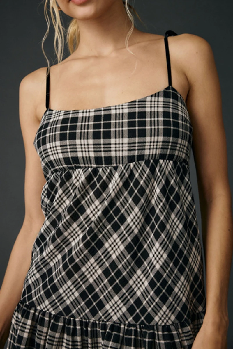 BDG Throw It On Tie-Strap Plaid Babydoll Mini Dress