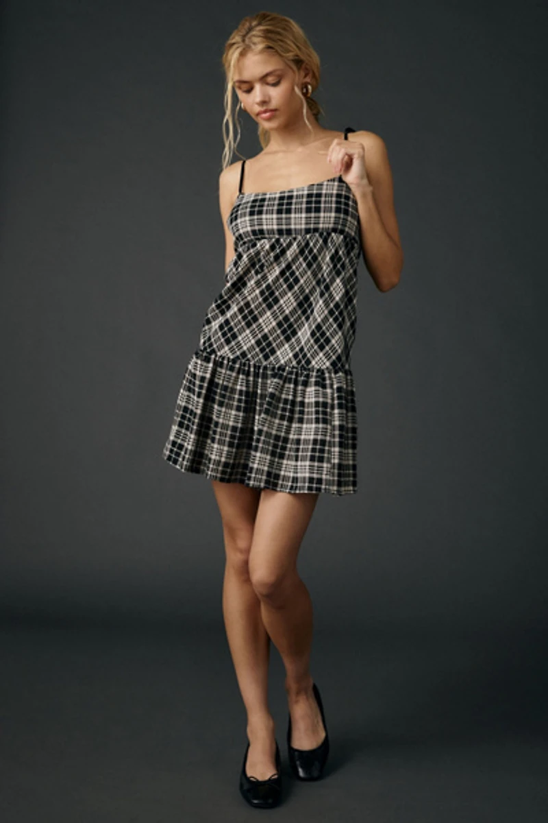 BDG Throw It On Tie-Strap Plaid Babydoll Mini Dress
