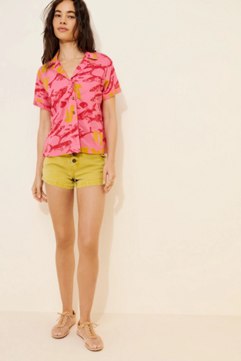 BDG Asher Printed Souvenir Short Sleeve Button-Down Shirt