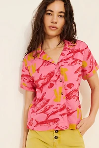BDG Asher Printed Souvenir Short Sleeve Button-Down Shirt