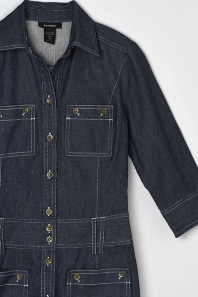 Vintage Y2k Contrast-Stitched Denim Cargo Midi Dress