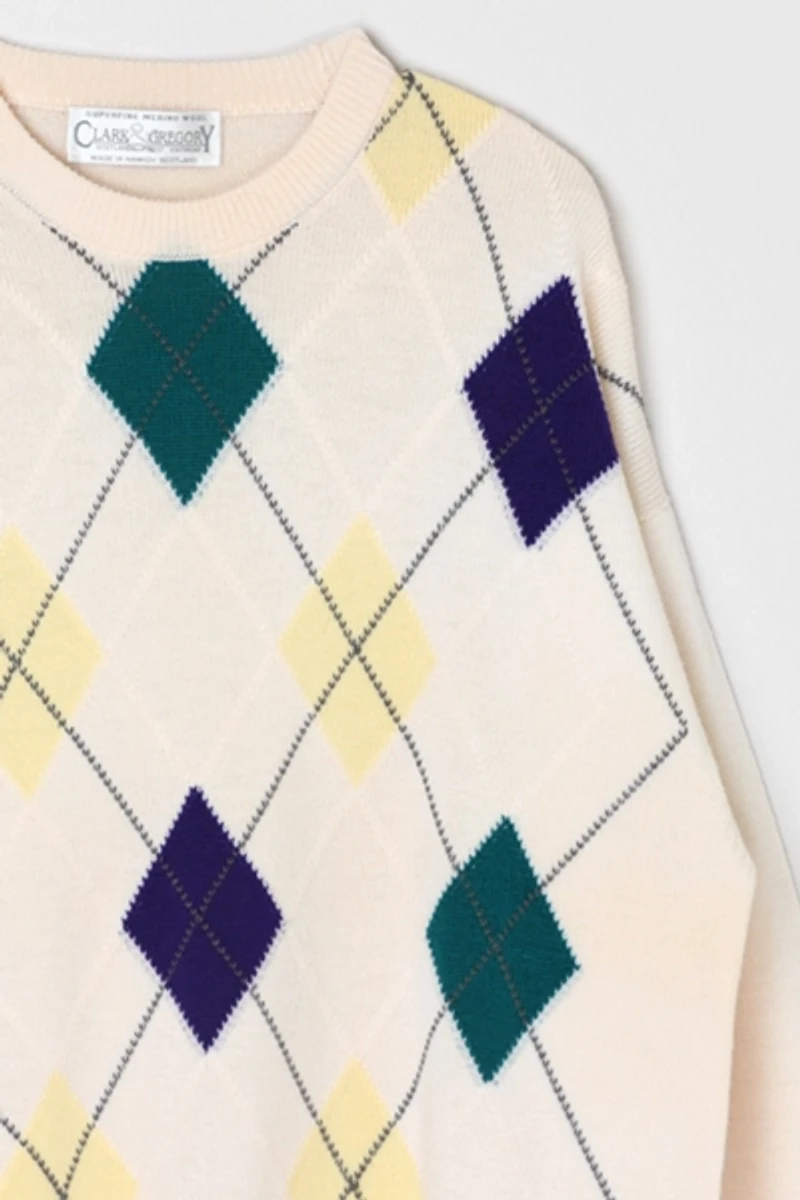 Vintage 90s Cream Argyle Merino Wool Sweater
