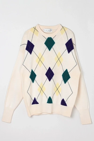 Vintage 90s Cream Argyle Merino Wool Sweater