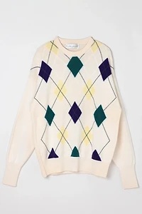 Vintage 90s Cream Argyle Merino Wool Sweater