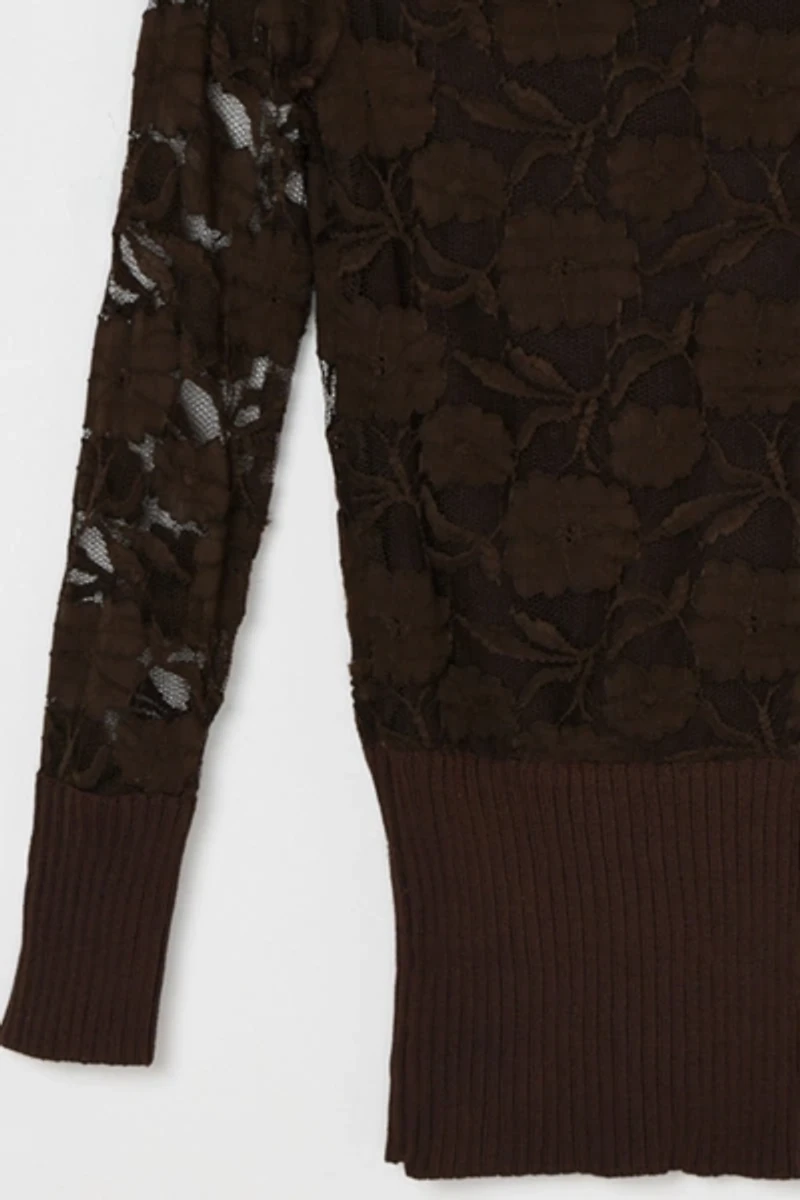 Vintage 90s Dark Brown Lace Turtleneck Top