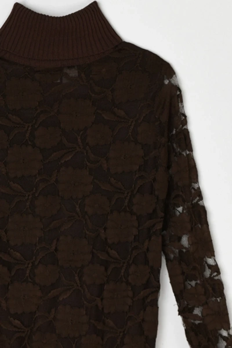 Vintage 90s Dark Brown Lace Turtleneck Top