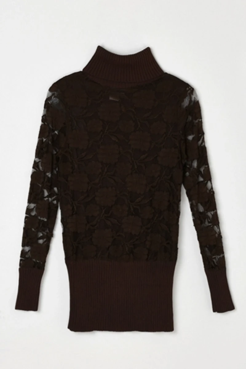 Vintage 90s Dark Brown Lace Turtleneck Top