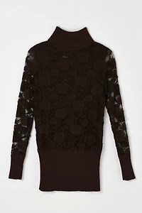 Vintage 90s Dark Brown Lace Turtleneck Top