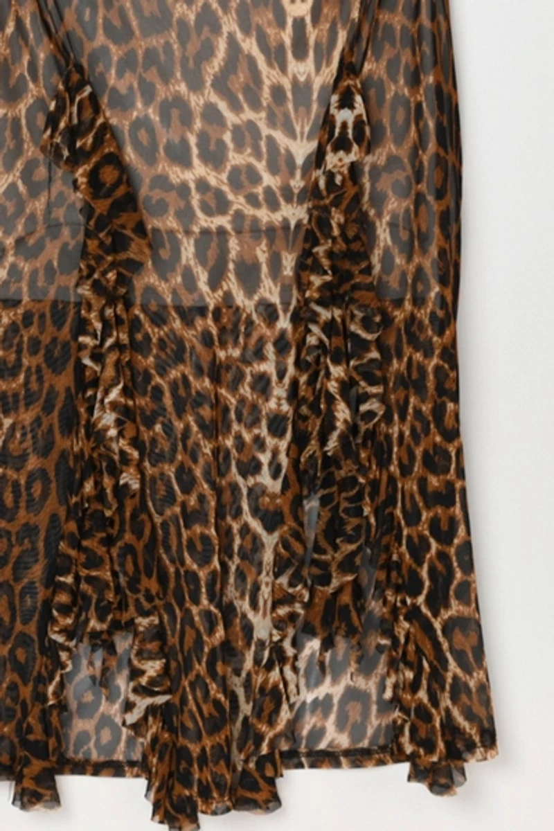 Vintage Y2k Ruched Leopard Print Mesh Midi Dress