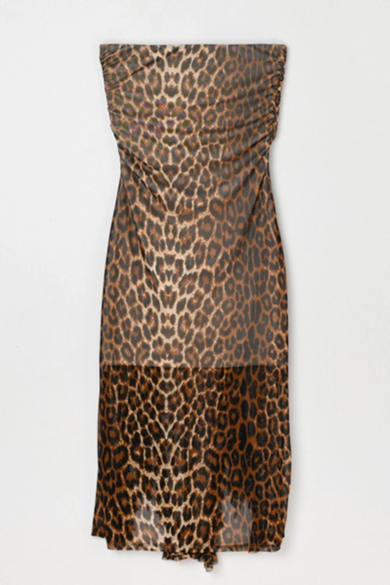 Vintage Y2k Ruched Leopard Print Mesh Midi Dress