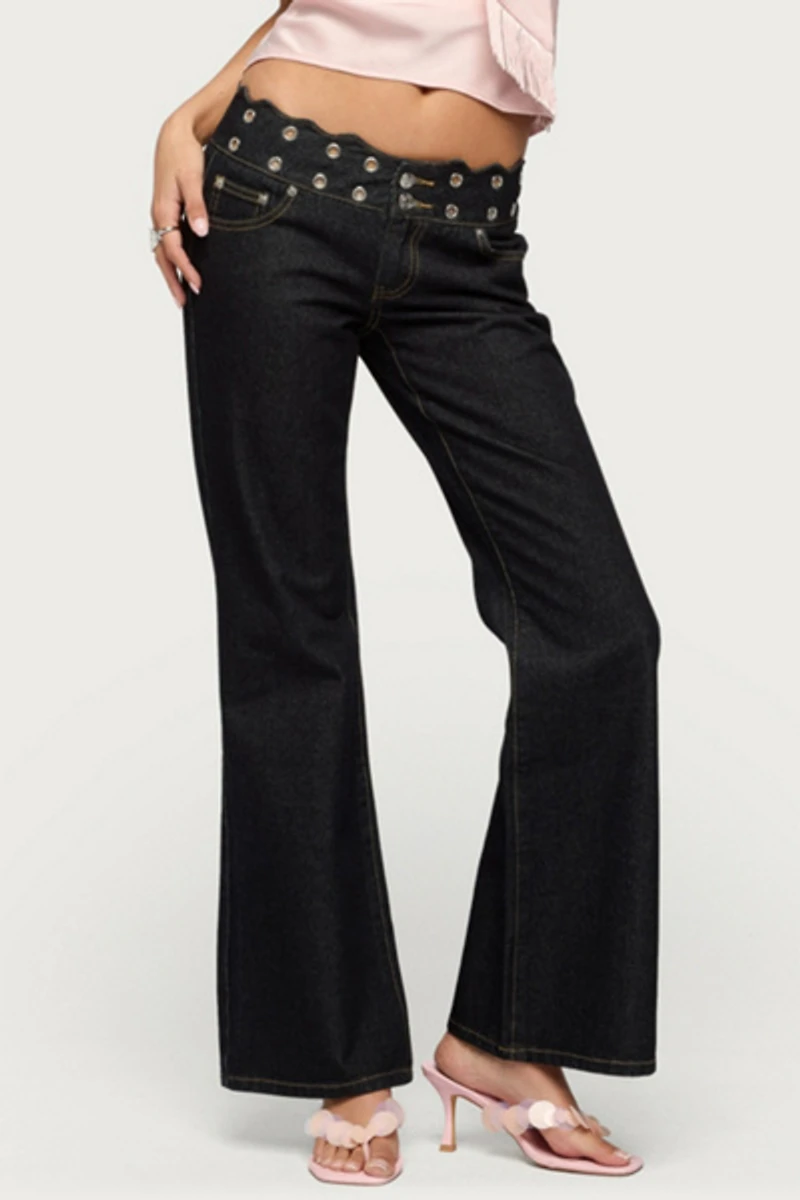 Edikted Scalloped Grommet Low Rise Bootcut Jeans