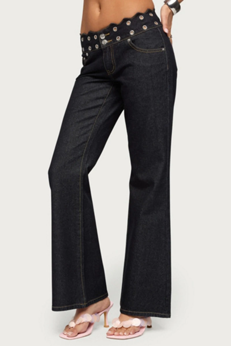 Edikted Scalloped Grommet Low Rise Bootcut Jeans