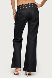 Edikted Scalloped Grommet Low Rise Bootcut Jeans