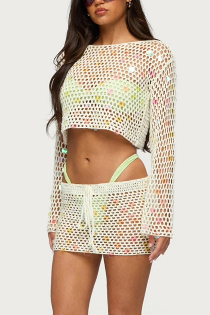 Edikted Kirah Sequin Crochet Mini Skirt