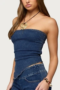 Edikted Zaida Asymmetric Denim Strapless Top