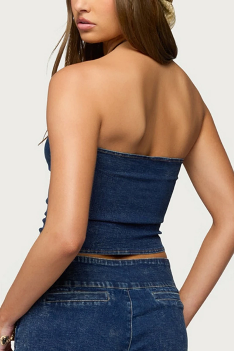 Edikted Zaida Asymmetric Denim Strapless Top