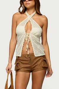 Edikted Sheer Net Sequin Split Front Top