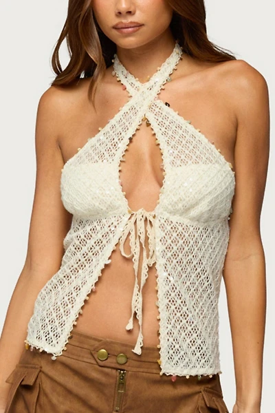 Edikted Sheer Net Sequin Split Front Top