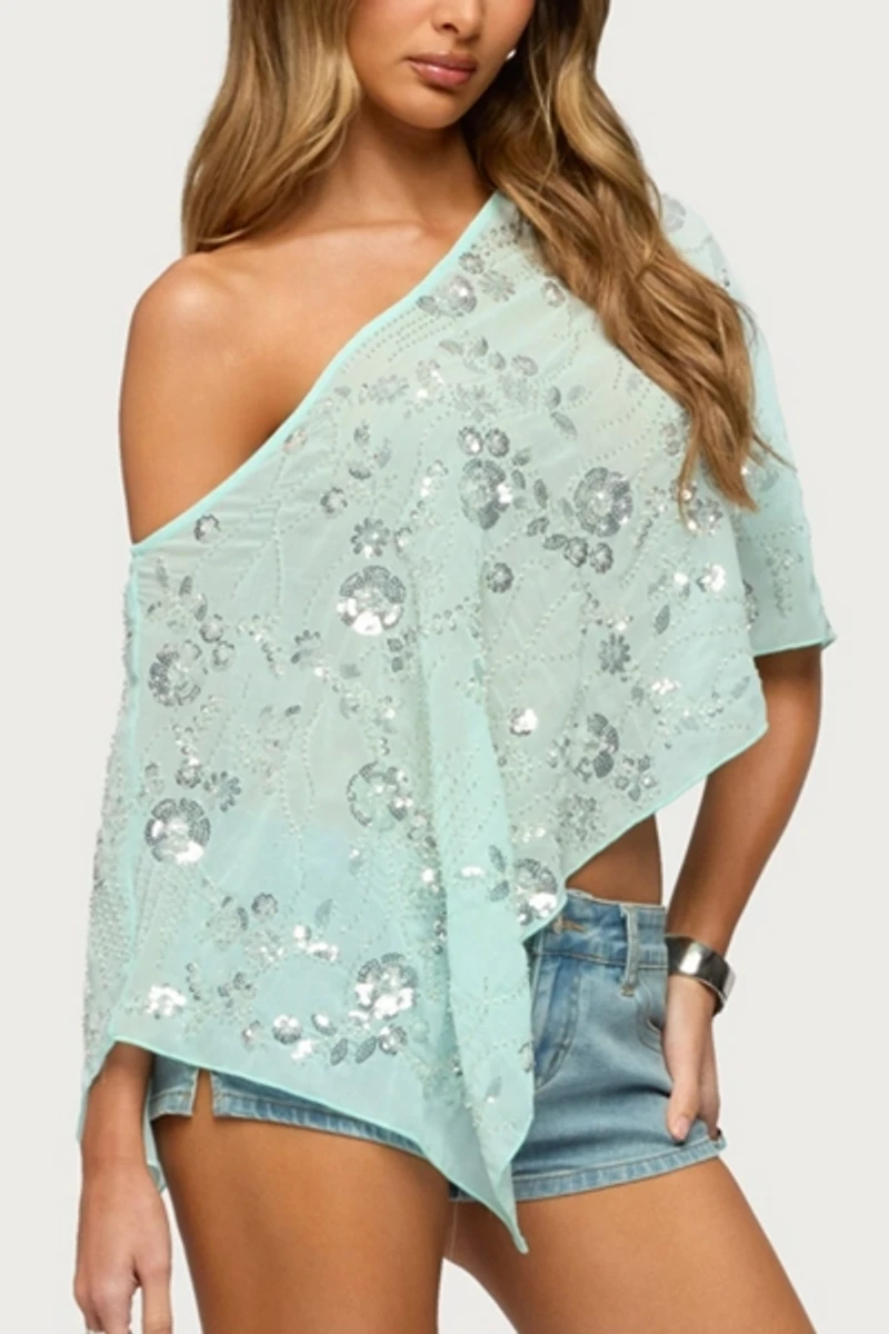 Edikted Triana Bead & Sequin Chiffon Poncho