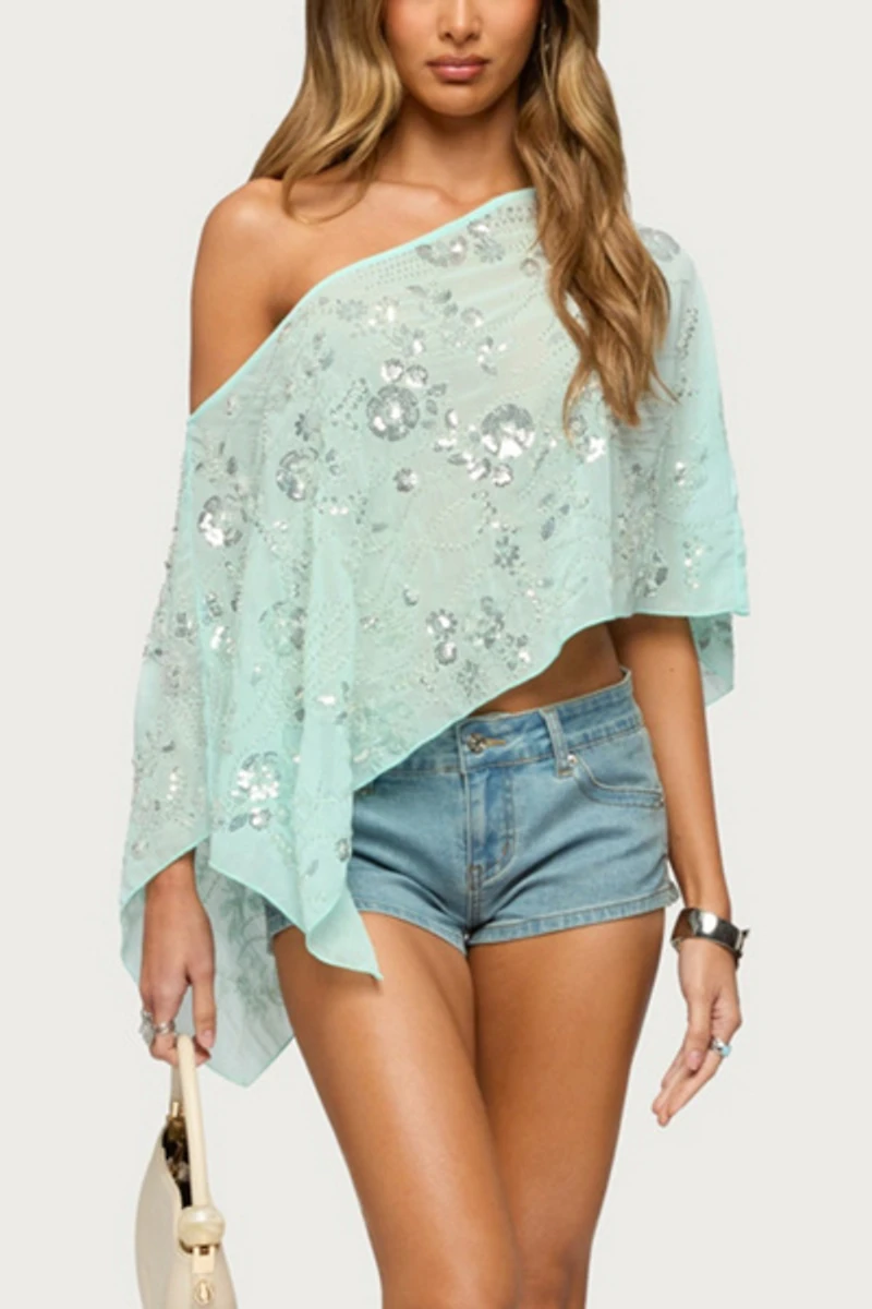 Edikted Triana Bead & Sequin Chiffon Poncho