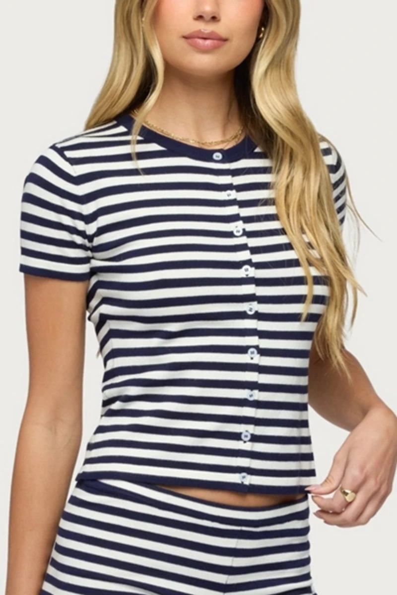 Edikted Irena Striped Button Up Knit Top