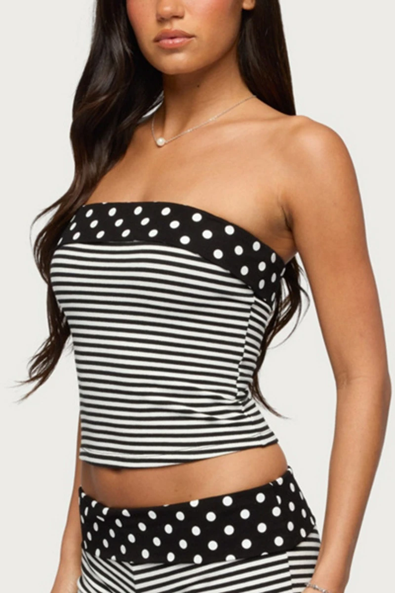 Edikted Presley Stripe & Polka Dot Foldover Tube Top