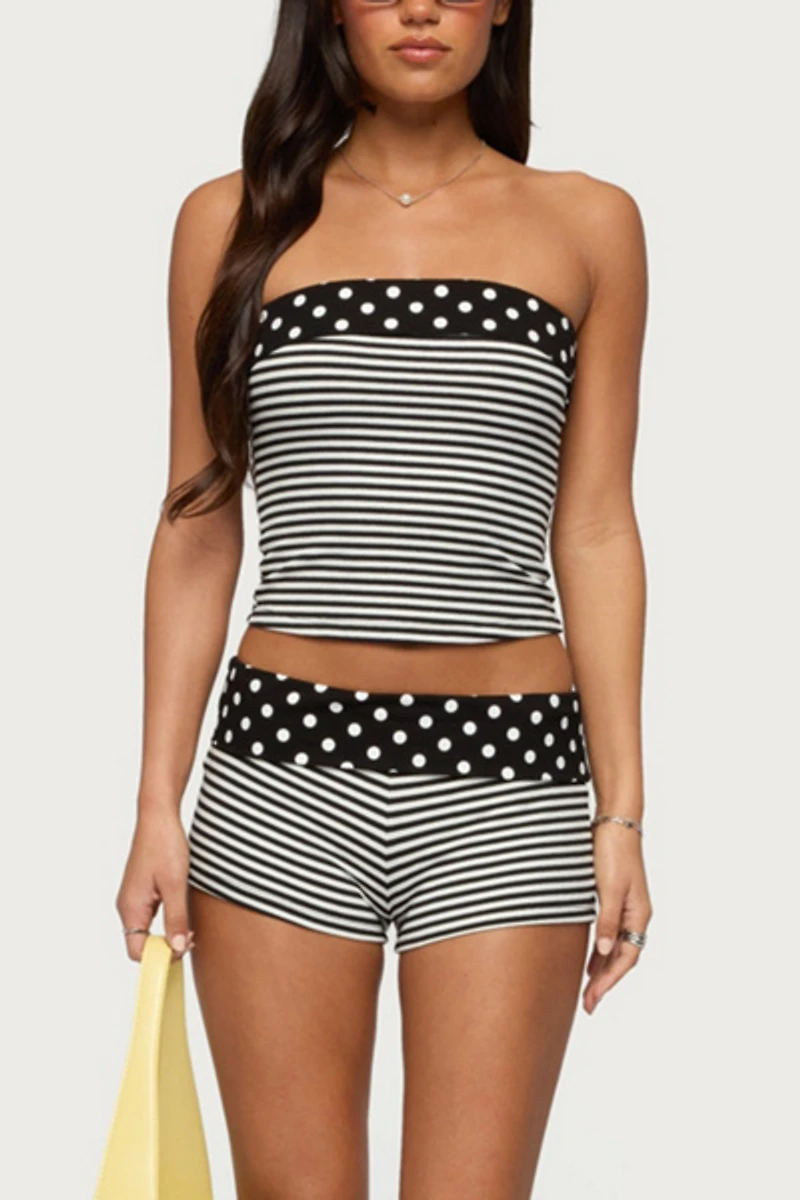 Edikted Presley Stripe & Polka Dot Foldover Tube Top
