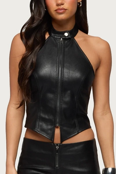 Edikted Diana Zip Up Faux Leather Halter Top