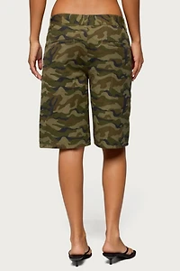 Edikted Camo Denim Low Rise Bermuda Shorts