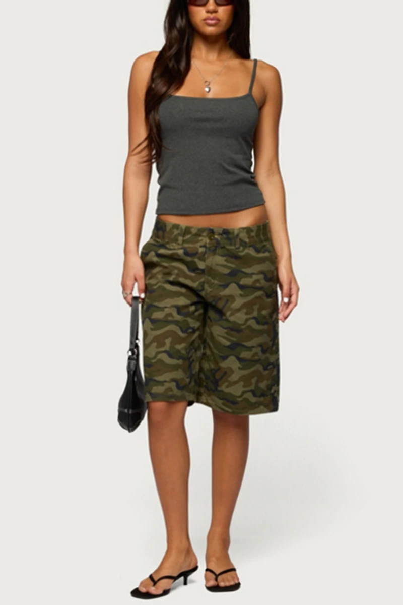 Edikted Camo Denim Low Rise Bermuda Shorts