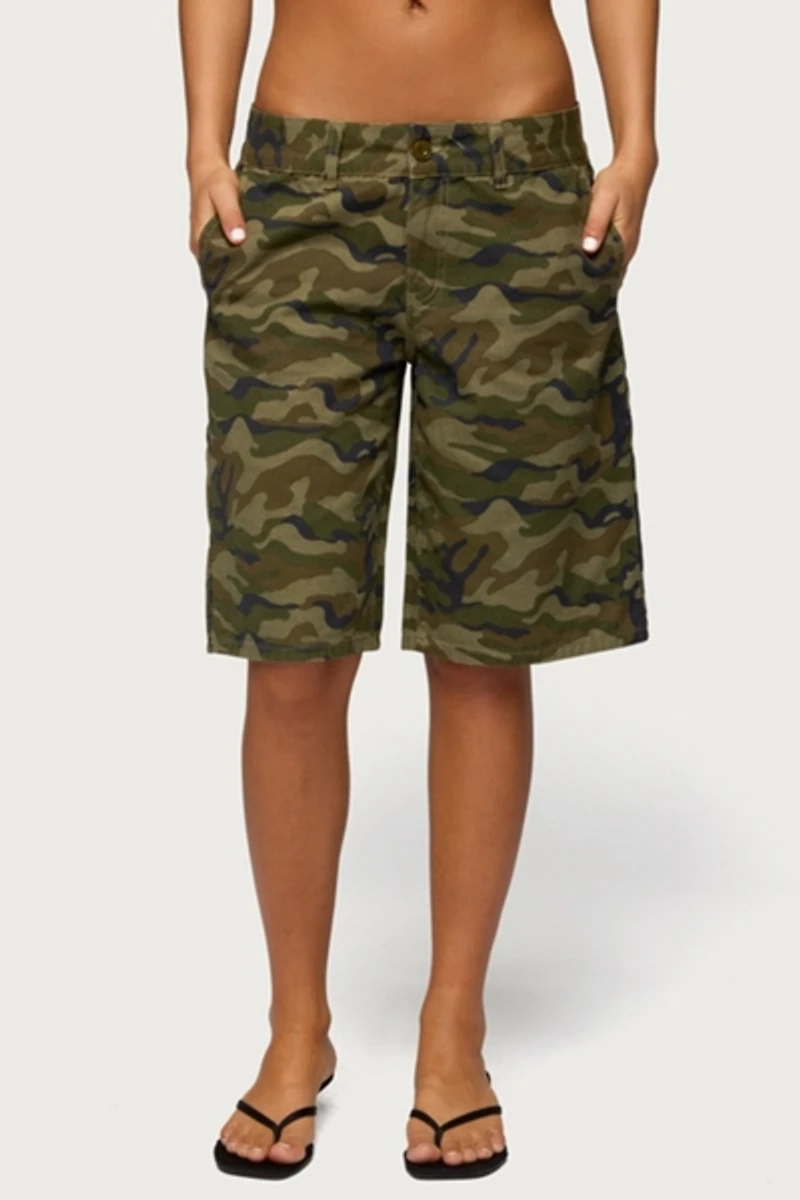 Edikted Camo Denim Low Rise Bermuda Shorts