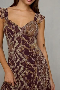 Steve Madden Estela Snakeskin Chiffon Flutter Sleeve Maxi Dress
