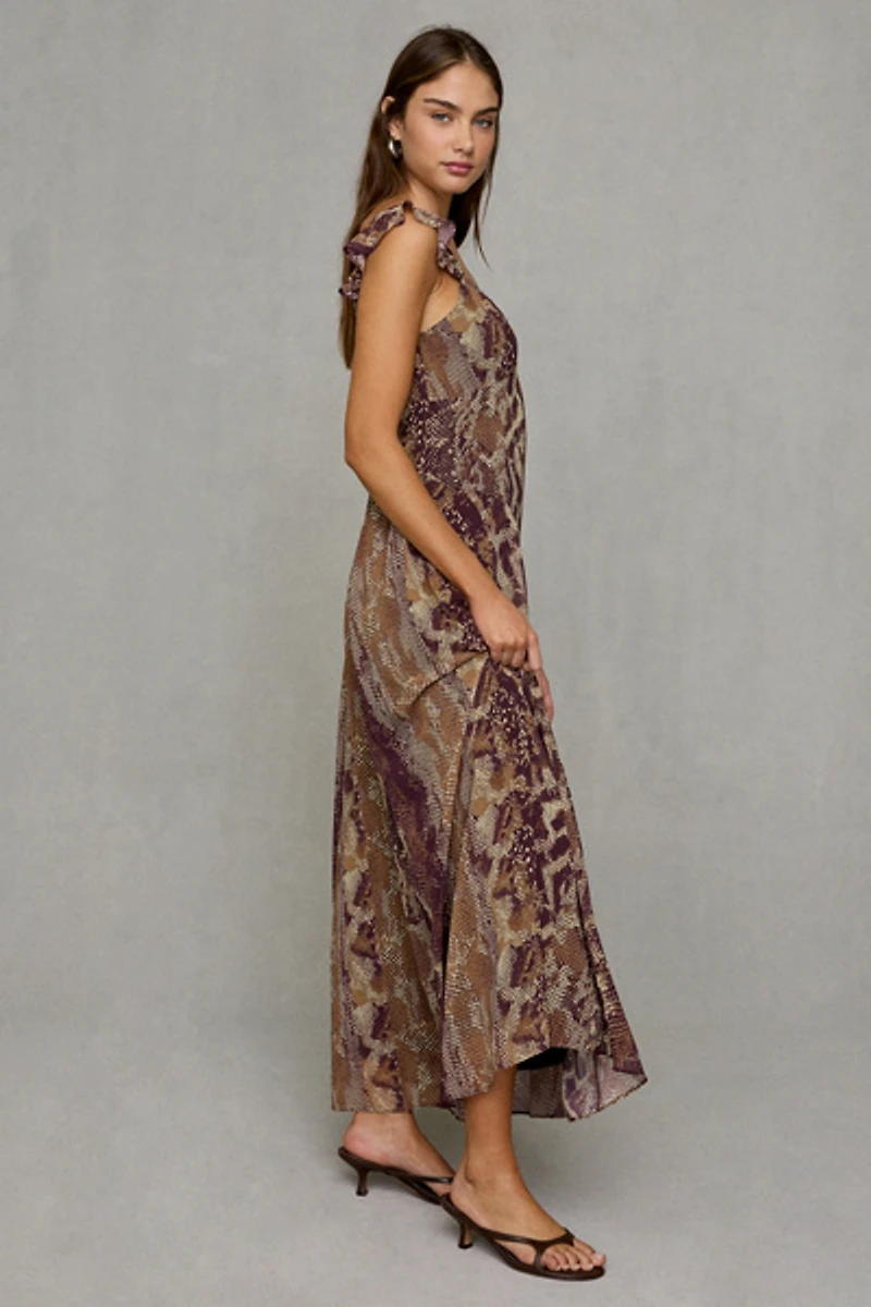 Steve Madden Estela Snakeskin Chiffon Flutter Sleeve Maxi Dress