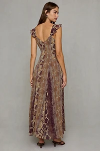 Steve Madden Estela Snakeskin Chiffon Flutter Sleeve Maxi Dress