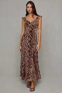 Steve Madden Estela Snakeskin Chiffon Flutter Sleeve Maxi Dress