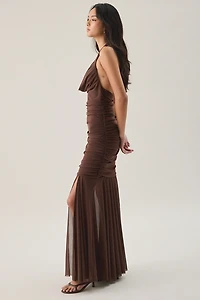 Steve Madden Evera Gathered Mesh Halter Neck Maxi Dress