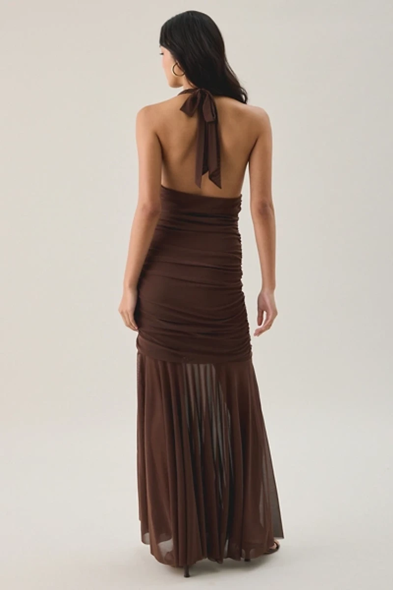 Steve Madden Evera Gathered Mesh Halter Neck Maxi Dress