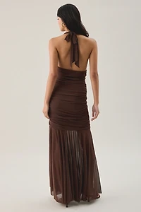 Steve Madden Evera Gathered Mesh Halter Neck Maxi Dress